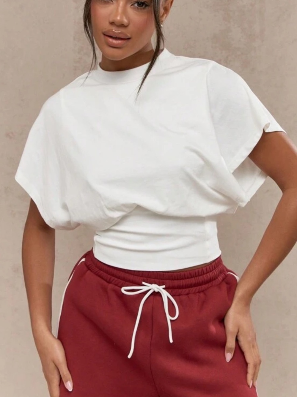 MISSGUIDED Women's White Mock Neck Slim Waist Bat Wing Top | NWOT